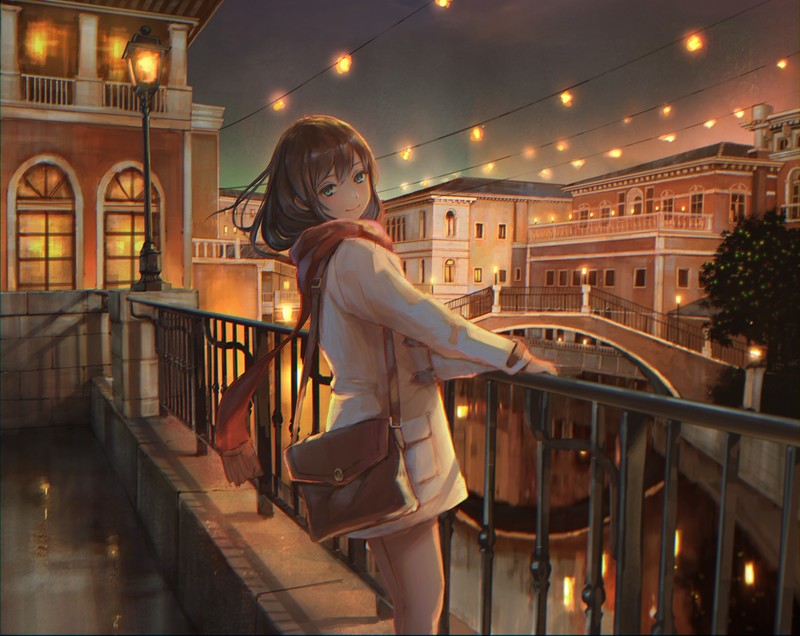 Girls Avenue, anime girls, anime, city, lantern, lights, brunette, urban, handbags