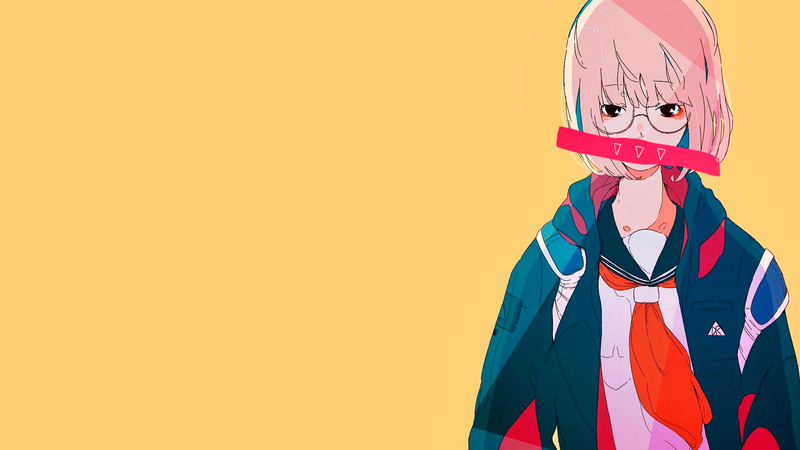 anime, anime girls, manga, pink hair, yellow, yellow background, sailor uniform, glasses