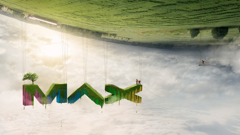 nature, landscape, photo manipulation, trees, Erik Johansson, surreal, upside down, ropes, text, men, workers, sunlight, clouds, paint splatter, field, digital art, creativity