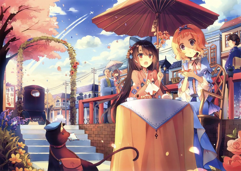 anime girls, anime, city, umbrella, sitting, long hair, brunette