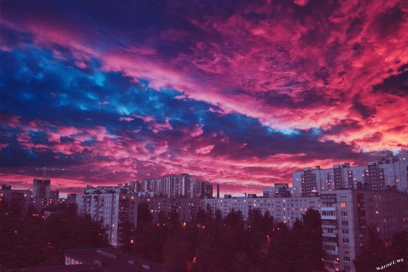 night, city, dark, building, colorful, clouds