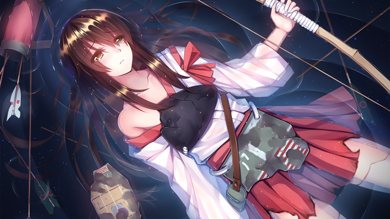 Kantai Collection, Akagi (KanColle), brunette, brown eyes, long hair, bow and arrow, water
