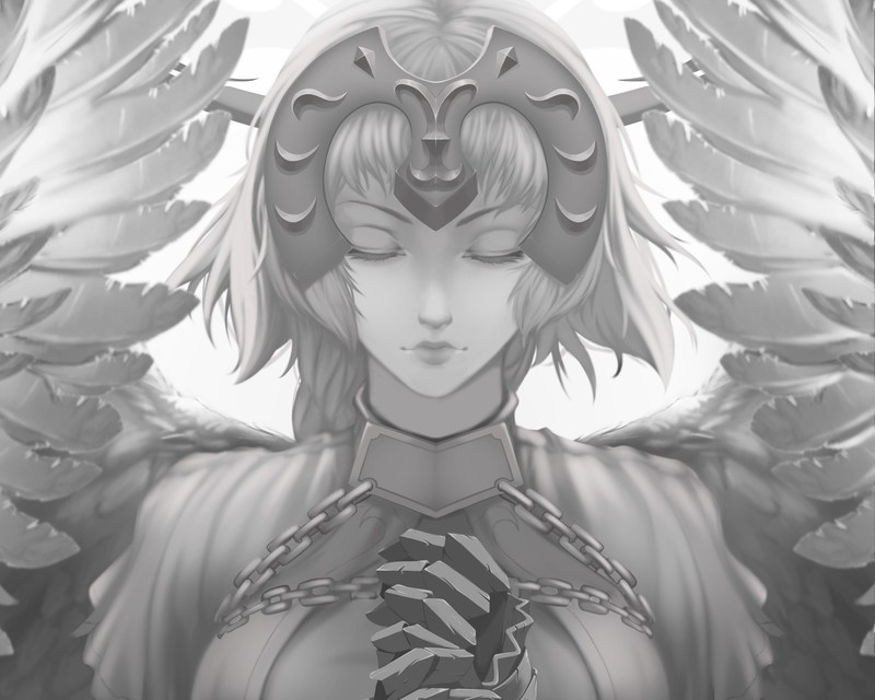 Fate/Grand Order, Ruler (Fate/Apocrypha), Fate/Apocrypha, Fate Series, Jeanne dArc, angel, wings, monochrome, anime girls, closed eyes