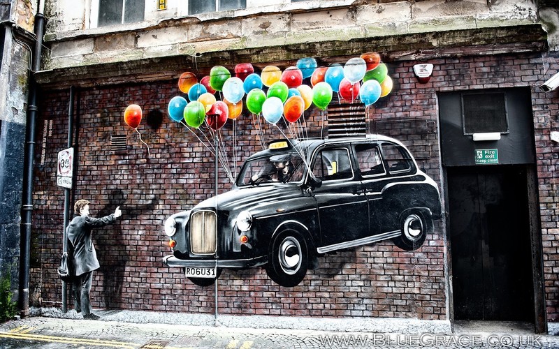 building, graffiti, street, street art, bricks, balloon, men, colorful, taxi, car, flying
