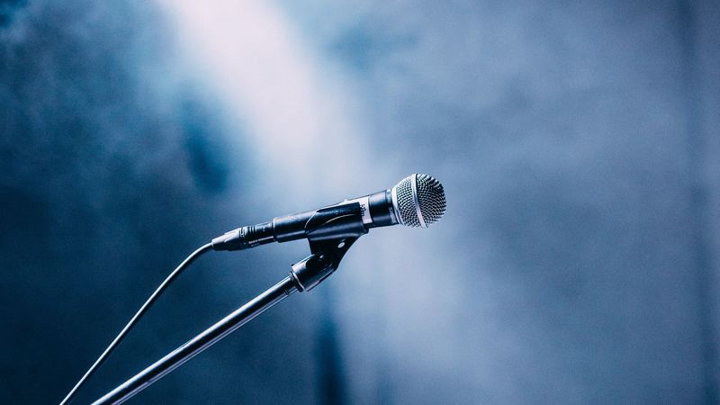 microphones, stage, spotlights, light, fog, 4k