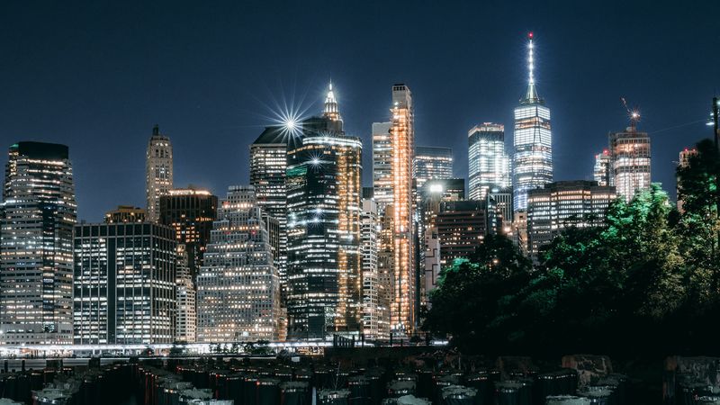 night city, buildings, architecture, lights, river, 4k