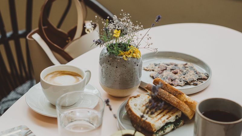 breakfast, coffee, toasts, table, dishes, 4k