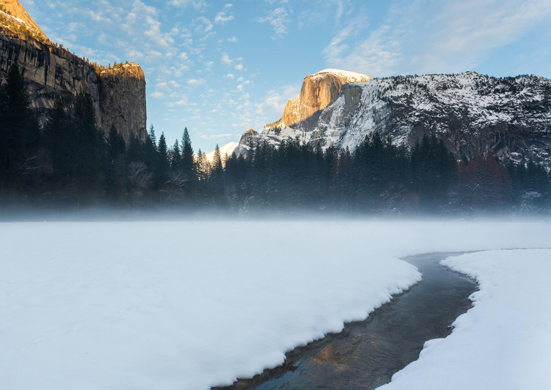 nature, landscape, winter, cliff, creeks, pine trees, snow