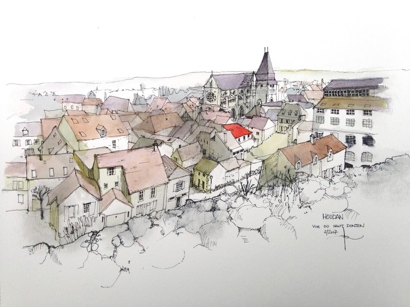 town, artwork, France, watercolor