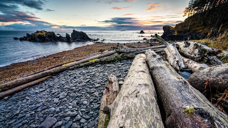 logs, coast, sunset, stones, 4k