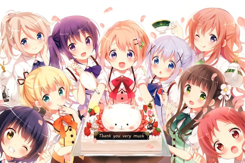 anime, anime girls, white skin, artwork, Gochuumon wa Usagi Desu ka?, Gochuumon wa Usagi Desu ka, Tippy ( gochuumon wa usagi desu ka ? ), Kafuu Chino, Tedeza Rize, Kirima Sharo, Hoto Kokoa, Ujimatsu Chiya, Natsu Megumi, Jouga Maya, Hoto Mocha
