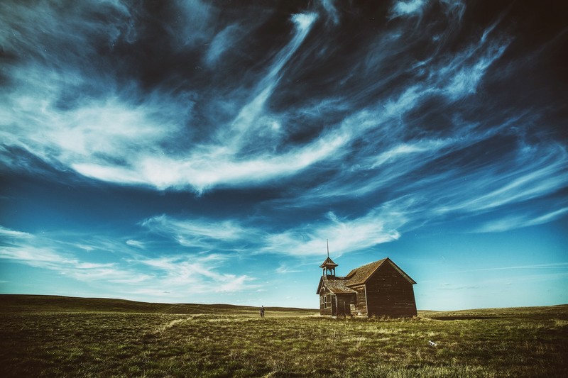 sky, building, landscape, clouds, blue, plains, church