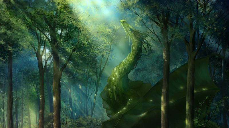 dragon, forest, art, green, sunlight, 4k