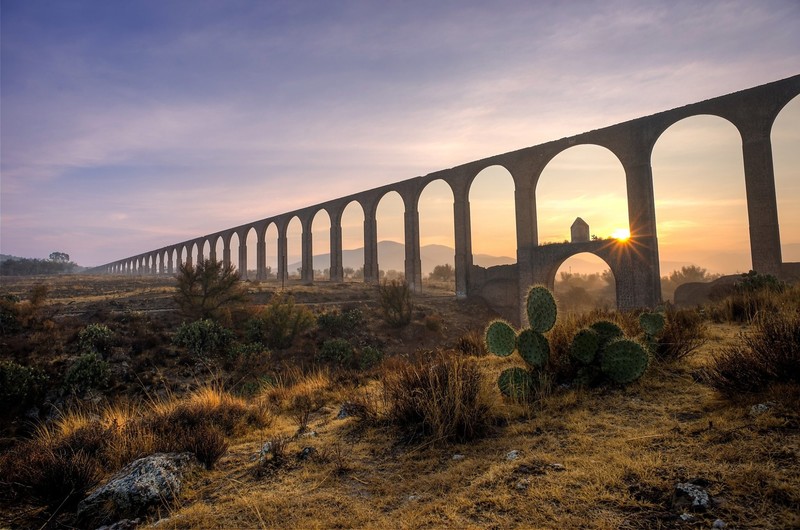 nature, landscape, photography, Mexico, arch, Sun, sun rays, cactus, plants, clouds, aqueducts