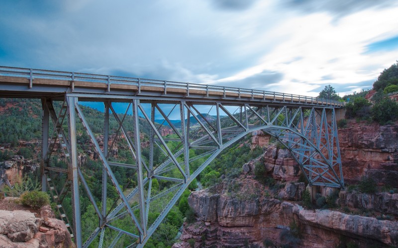 nature, landscape, photography, bridge, mountains, rock, trees, forest, clouds, long exposure, Arizona, HDR, USA, valley