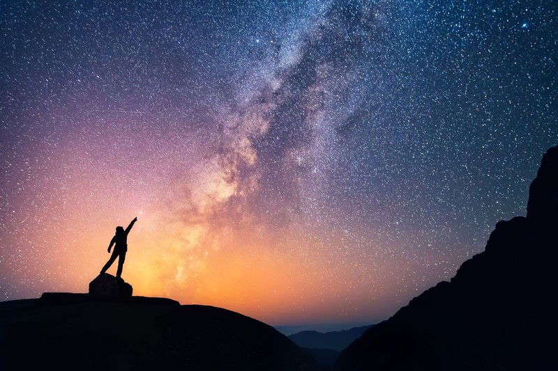 nature, landscape, sunset, evening, men, stars, Milky Way, mountains, silhouette
