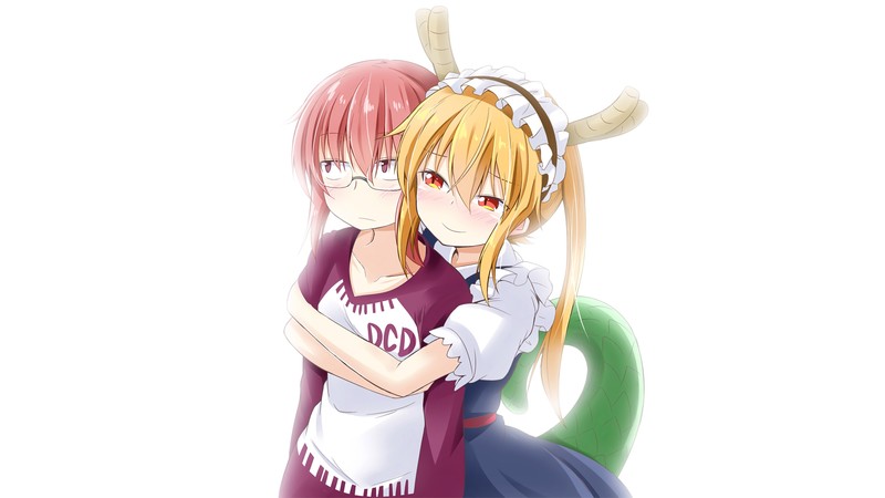 anime, anime girls, Kobayashi-san Chi no Maid Dragon, Tohru (Kobayashi-san Chi no Maid Dragon), Kobayashi (Kobayashi-san Chi no Maid Dragon), white background, simple background, fan art, white skin