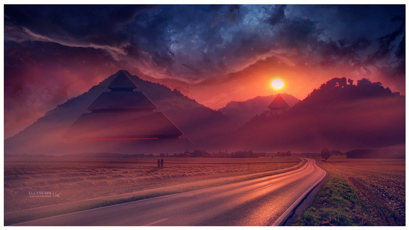 digital art, mist, clouds, pyramid, road, Ellysiumn