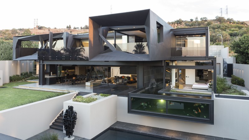 modern, architecture, nature, landscape, house, glass, trees, fish, aquarium, Johannesburg, South Africa, grass