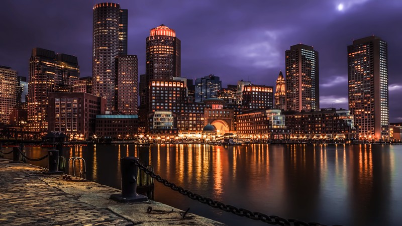 cityscape, USA, night, landscape, water, photography, Boston, ports, overcast, city lights