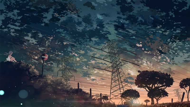 anime, power lines, anime girls, sign, sky, outdoors
