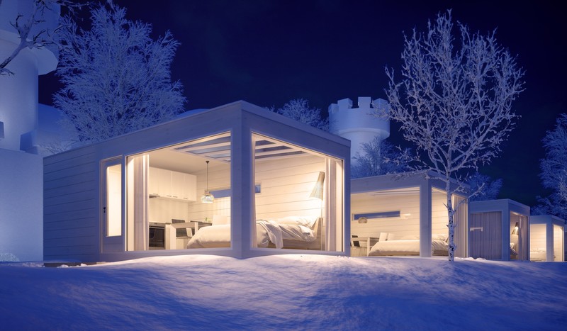 modern, architecture, nature, landscape, winter, snow, night, lights, cabin, trees, Lapland, Finland, tower, hotel