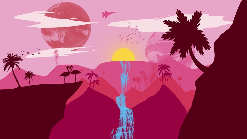 pink, palm trees, waterfall, flamingos, digital art, Photoshop, clouds, planet, birds, Sun, airplane, mountains, red