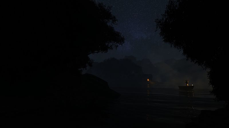 river, boat, night, dark, fog, 4k
