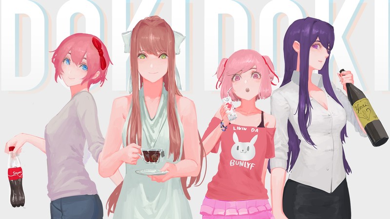 Doki Doki Literature Club, anime girls, Monika (Doki Doki Literature Club), Sayori (Doki Doki Literature Club), Natsuki (Doki Doki Literature Club), Yuri (Doki Doki Literature Club), fan art, pink hair, purple eyes, purple hair, blue eyes, green eyes, pink eyes, red bow