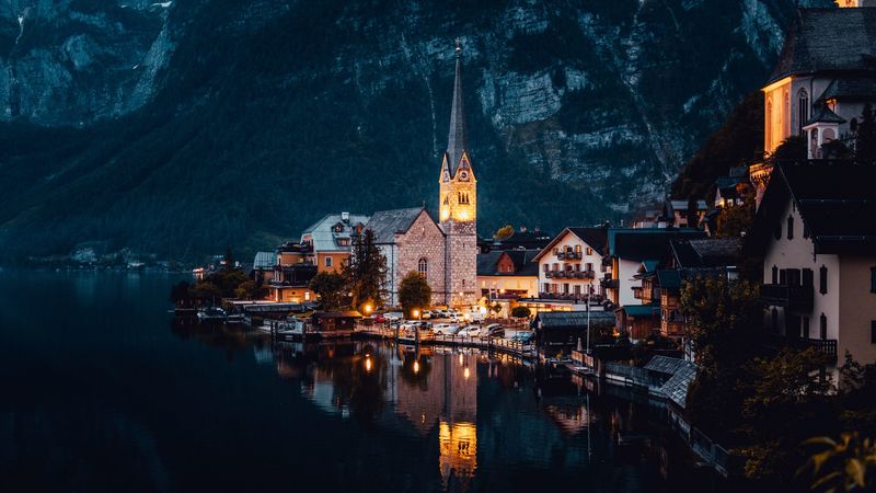 buildings, architecture, lake, evening, city, 4k