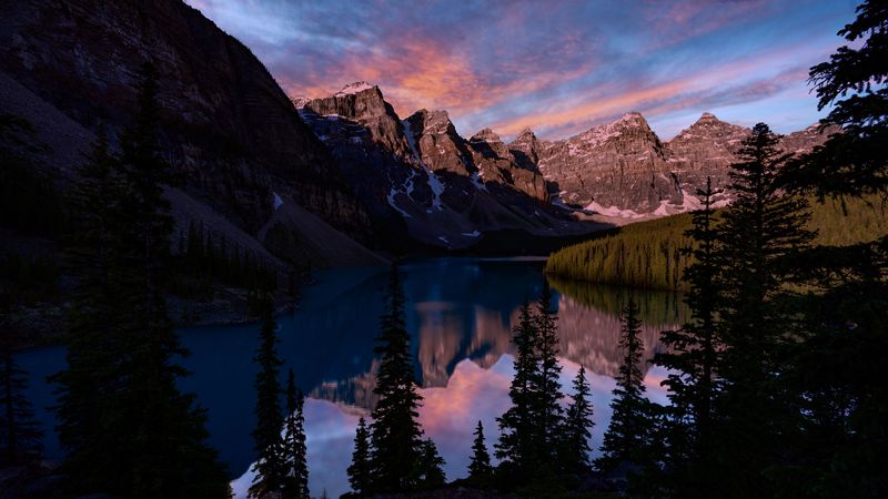 mountains, lake, trees, landscape, 4k