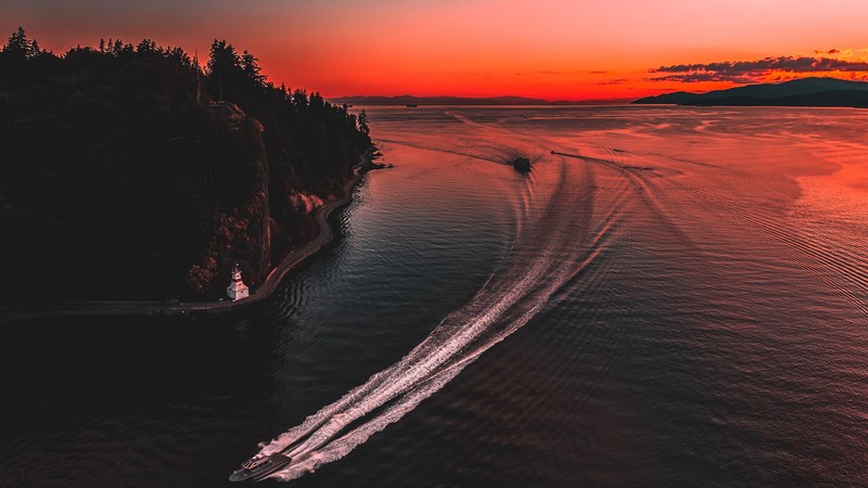 photography, sunset, boat, British Columbia, aerial view