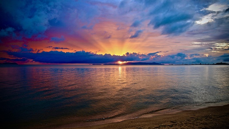 photography, sunset, beach, clouds, sea, blue, yellow