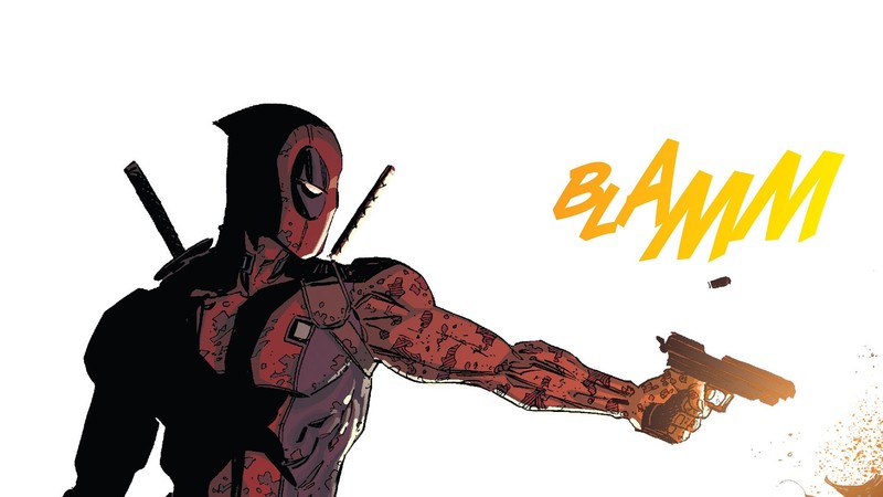 comics, Deadpool, sword, gun, simple background, white background