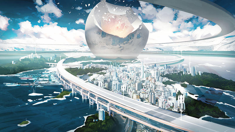 digital art, city, building, highway