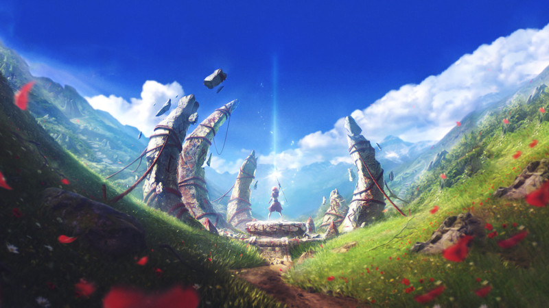 digital art, flowers, clouds, temple, staff, mountains