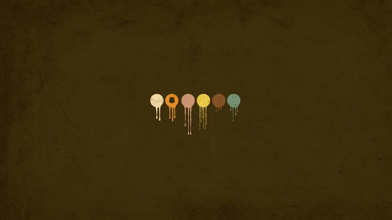 Reservoir Dogs, brown, brown background, white, orange, pink, blonde, blue, dripping paint, minimalism, movies, Quentin Tarantino, badge, digital art, texture, simple background, grunge