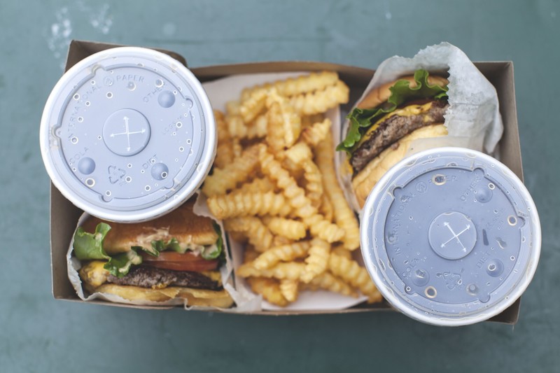 food, burgers, soda, French fries, top view