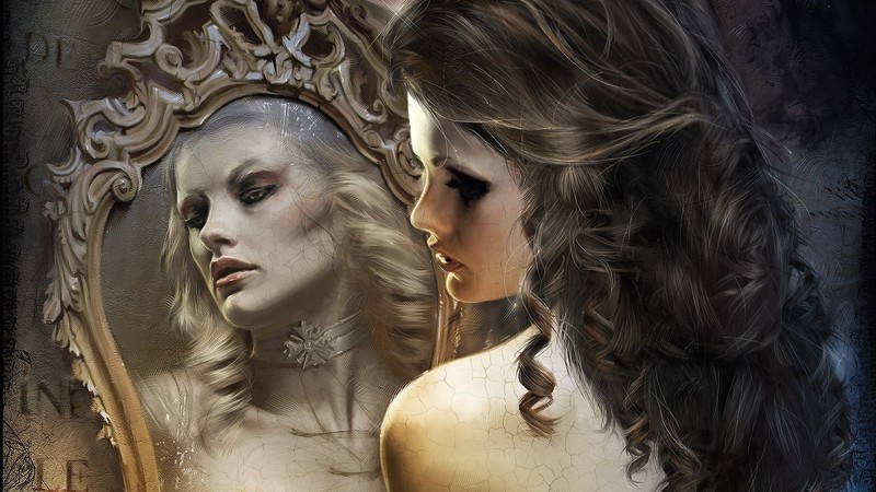 women, digital art, painting, brunette, long hair, reflection, mirror, face