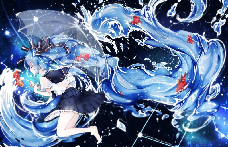 Hatsune Miku, Vocaloid, water, fish, school uniform, umbrella