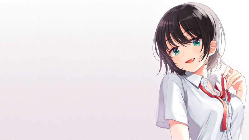 anime, anime girls, manga, fangs, tie, green eyes, simple background, white