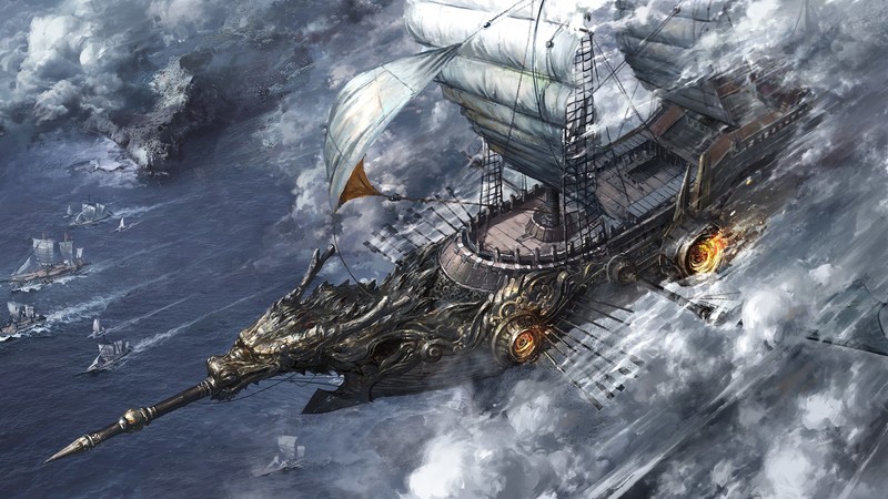 fantasy art, ship, fleet, old ship, sailing ship