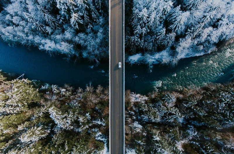 aerial view, road, car, winter, trees, river