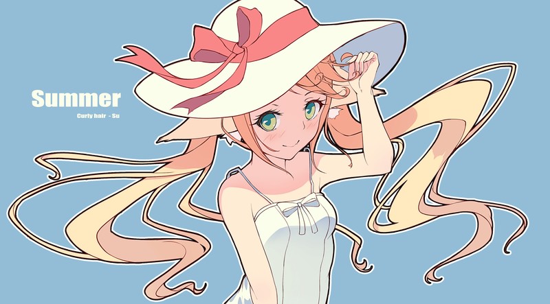 anime girls, summer, anime, hat, long hair, blue background, green eyes