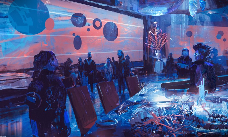 cyber, cyberpunk, bar, futuristic, painting, blue, cyan
