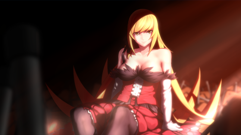 anime, anime girls, Monogatari Series, white skin, Oshino Shinobu, fan art, blonde, blond hair, dark background, red