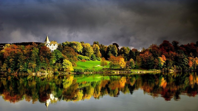 nature, landscape, water, clouds, lake, mansions, reflection, trees, forest, fall, Bergen, Norway