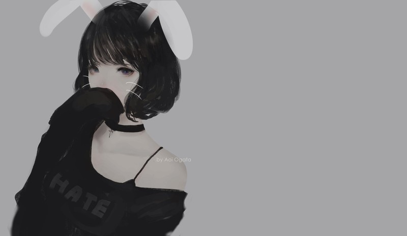 bunny ears, Aoi Ogata, women, simple background, hate-chan, short hair, bare shoulders