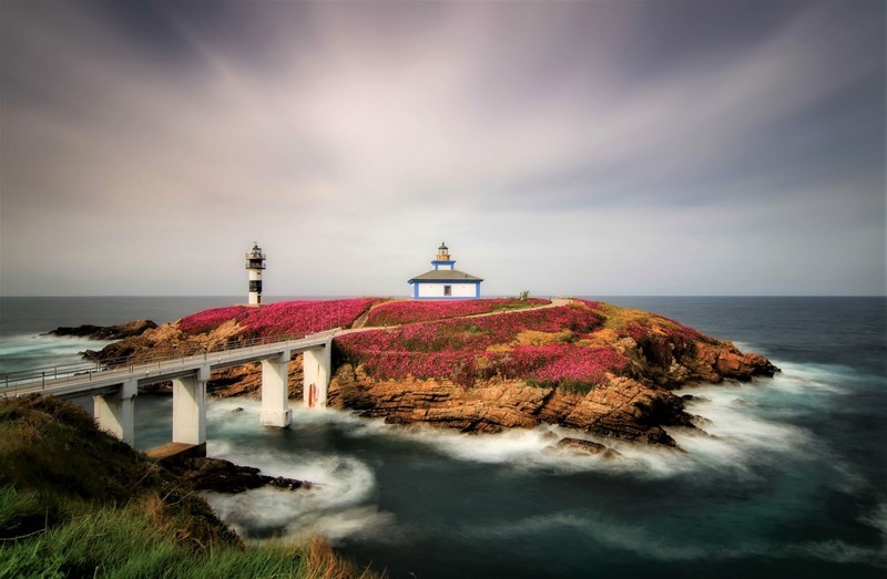 nature, landscape, water, clouds, sea, Spain, long exposure, lighthouse, bridge, island, horizon, rock, waves, house