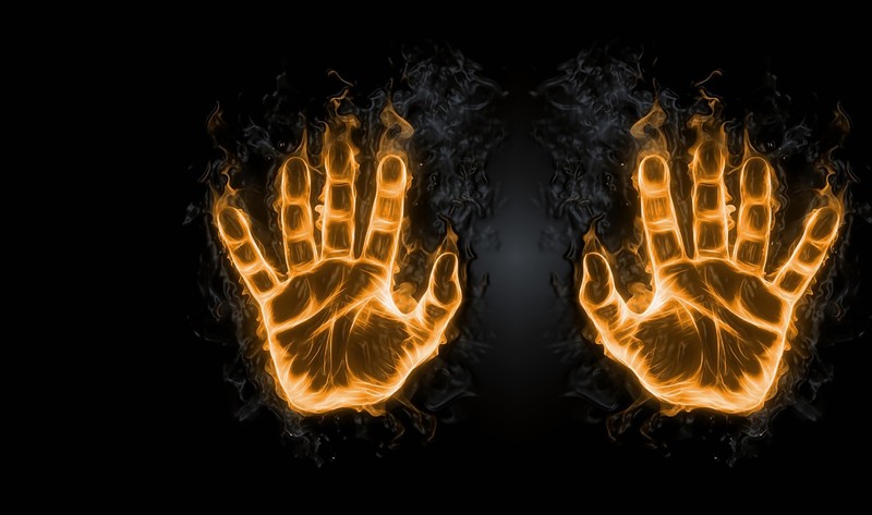 digital art, hands, fire, dark, artwork, yellow, black